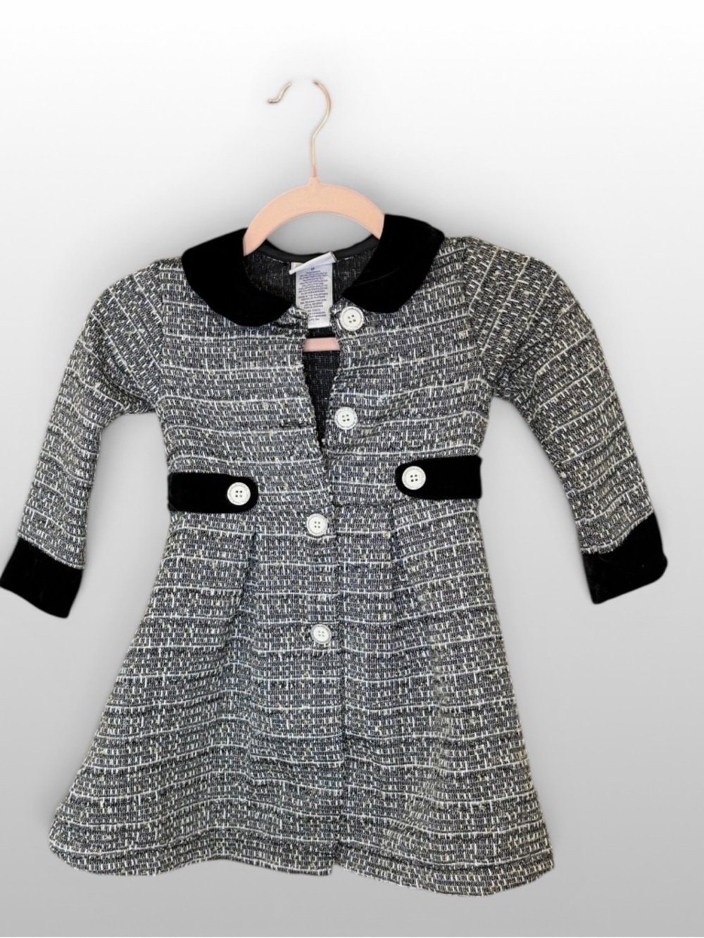 Blueberi Blvd Girls Tweed Coat Dress Black White Velvet Collar Holiday Boutique